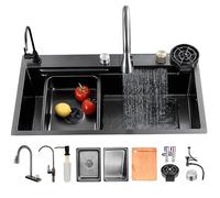 KOOGIMDDR 70×50cm 13 Piezas Fregadero Negro Con Cascada, Juego Fregadero de cocina para el lugar de trabajo, Fregadero de Cocina de 1 Cubeta, Fregadero de Acero Nano Inoxidable