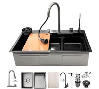 KOOGIMDDR 75×45cm 11 Piezas Fregadero Negro Con Cascada, Fregadero de Cocina de 1 Cubeta, Fregadero de Acero Nano Inoxidable con Kit de Drenaje Filtro, Grifo Cocina Extraible