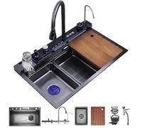 KOOGIMDDR 75 x 46 cm Fregadero de cocina de acero inoxidable multifunción - Cascada fregadero agua, grifo extraíble, tabla de cortar integrada, dispensador de jabón, sistema de drenaje con accesorios