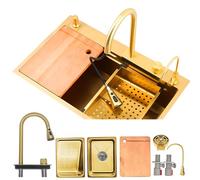 KOOGIMDDR 80×45cm oro Fregaderos Cocina 1 seno de cascada, con Grifo Cocina Extraible, Fregadero de Acero Nano Inoxidable, gran Fregadero sobre encimera al mueble