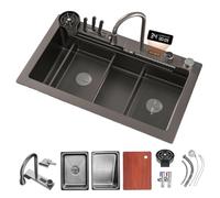 KOOGIMDDR 85 x 45 cm Fregadero cascada con juego de accesorios, 5 agujeros para grifo, fregadero de cocina, fregadero de cocina de acero inoxidable, rectangular, como con caja portacuchillos,