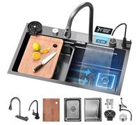 KOOGIMDDR 85 x 45 cm, Fregadero de Cocina de Acero Inoxidable Multifuncional, Individual Con Revestimiento de Cascada y Grifo Extraíble 3 en 1, Profundo Con Tabla