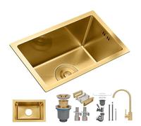 KOOGIMDDR Fregadero con grifo 38 x 26 cm, Fregadero de cocina dorado moderno de acero inoxidable con sifón, 1 cubeta empotrable, fregadero de bar con cesta de desagüe telescópica, fregadero de cocina
