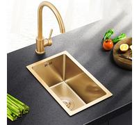 KOOGIMDDR Fregadero de 38 × 26 cm oro con grifo de acero inoxidable multifuncional para cocina esencial con drenaje dorado y componentes de montaje, con cesta de desagüe