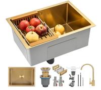 KOOGIMDDR Fregadero de 60 × 40 cm oro con grifo de acero inoxidable multifuncional para cocina esencial con drenaje dorado y componentes de montaje, con cesta de desagüe
