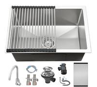 KOOGIMDDR Fregadero de cocina con grifo de 55 x 40 cm, 1 lavabo empotrable desde arriba, incluye dispensador de jabón y sifón, con escurridor, moderno fregadero de acero inoxidable