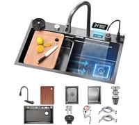 KOOGIMDDR Fregadero de cocina de 68 × 45 cm con cascada, lugar de trabajo grifo de cascada LED, tabla de cortar deslizante y fregadero de tazas de alta presión, compacto y multifuncional