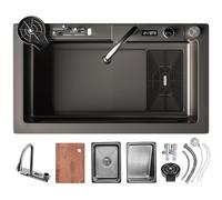 KOOGIMDDR Fregadero de cocina de acero inoxidable 80x45cm, montaje inferior, moderno, con grifo de cascada LED y tabla de cortar deslizante