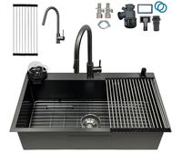 KOOGIMDDR Fregadero de cocina de acero inoxidable de 80 x 50 cm, con 1 cubeta gris y negro, con rejilla de acero inoxidable nano, lavabo de cocina con 3 agujeros escurridor de apoyo con grifo, con