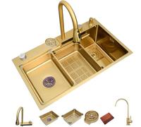 KOOGIMDDR Fregadero de cocina de acero inoxidable dorado con cascada, juego de 80 × 46 cm, color negro, para la casa de campo, para estación de trabajo, fregadero con tazas, tabla de cortar extraíble