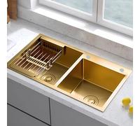 KOOGIMDDR Fregadero de cocina dorado, 80 x 45 cm, acero inoxidable 304 nano-revestido, con tapón dorado y colador de desagüe, empotrable o empotrable