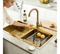 KOOGIMDDR Fregadero de cocina dorado, 80 x 45 cm, acero inoxidable 304 nano-revestido, con tapón dorado y colador de desagüe, empotrable o empotrable