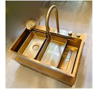 KOOGIMDDR Fregadero de cocina dorado de 65 x 50 cm, con grifo de cascada, fregadero de cocina, acero inoxidable, instalación rectangular desde arriba con lavavasos, cubeta extraíble, tabla de cortar