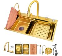 KOOGIMDDR Fregadero de cocina dorado de 80 x 50 cm, con grifo de cascada, fregadero de cocina de acero inoxidable, rectangular, instalación superior con lavaplatos extraíble, tabla de cortar