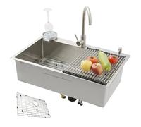 KOOGIMDDR Fregadero de cocina multifunción de acero inoxidable SUS304 70x50 hecho a mano, con rejilla de desagüe, fregadero de cocina grande de una cubeta, con grifo y varios accesorios