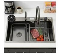 KOOGIMDDR Fregadero de cocina multifuncional de acero inoxidable, 68 x 45 cm, lavabo individual con nanorecubrimiento de cascada y grifo extraíble 3 en 1, lavabo profundo con tabla de cortar,