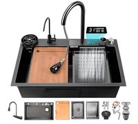 KOOGIMDDR Fregadero de cocina multifuncional de acero inoxidable, 75 x 45 cm, lavabo individual con nanorecubrimiento de cascada y grifo extraíble 3 en 1, lavabo profundo con tabla de cortar,