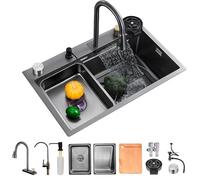 KOOGIMDDR Fregadero de cocina para el lugar de trabajo 68 x 45 cm con grifo de cascada, conjunto de un solo cuenco hecho de acero inoxidable negro/gris para uso doméstico, lavadora a presión, tabla de