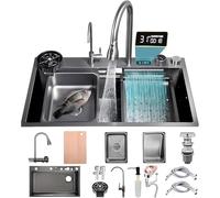 KOOGIMDDR Fregadero de cocina para el lugar de trabajo, 90 x 50 cm, con grifo de cascada, juego individual de acero inoxidable, color negro y gris, para uso doméstico, limpiador a presión, tabla de