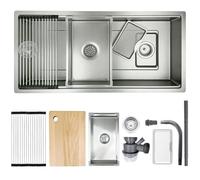 KOOGIMDDR Fregadero de cocina plateado de 90 x 50 cm de acero inoxidable 304SUS, 1 lavabo grande, fregadero de cocina rectangular de acero inoxidable, con escurridor, desagüe y kit de rebosadero para