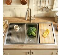 KOOGIMDDR Fregadero de cocina plateado de 90 x 50 cm de acero inoxidable 304SUS, 1 lavabo grande, fregadero de cocina rectangular de acero inoxidable, con escurridor, desagüe y kit de rebosadero para