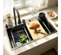 KOOGIMDDR fregadero de cocina rectangular de acero inoxidable, 75 x 45 cm, con cascada, drenaje izquierdo, orificio para grifo y rebosadero, sifón