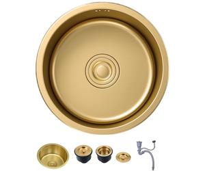 KOOGIMDDR Fregadero redondo de 40 x 40 cm, acero inoxidable, fregadero de preparación dorado, diámetro 400 mm, fregadero empotrado, fregadero de cocina con escurridor dorado