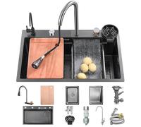 KOOGIMDDR - Juego de fregadero de cocina con encimera, 75 x 45 cm, con grifo de cascada, acero inoxidable, uso doméstico, lavavasos, tabla de cortar, escurreplatos y accesorios