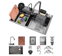 Koogimddr - Juego de fregadero de cocina rectangular y profundo, con grifo de cascada, 80 x 50 cm, acero inoxidable, uso doméstico, pantalla, lavavasos y cestas de desagüe