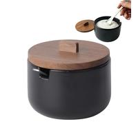 KOOK TIME Azucarero de Cerámica CURVE con Cuchara - Tarro Pequeño con Tapa de Madera de Acacia. Recipiente para Azúcar, Sal, Especias o Queso Rallado. 10.5 x 9 cm. - Negro mate