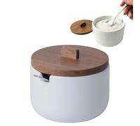 KOOK TIME Azucarero de Cerámica CURVE con Cuchara - Tarro Pequeño con Tapa de Madera de Acacia. Recipiente para Azúcar, Sal, Especias o Queso Rallado. 10.5 x 9 cm. - Blanco
