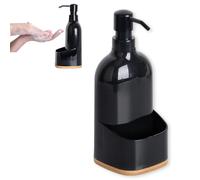KOOK TIME Dispensador Jabón Cocina Negro - Jabonera Cocina de plástico con Base de bambú - Organizador de Estropajo para Fregadero o Baño, Dosificador de jabon