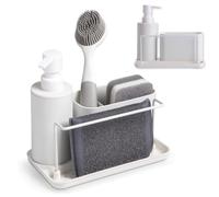 Kook Time - Dispensador Jabón Cocina plástico Blanco Mate - Organizador de Fregadero con Compartimento para Estropajo y cepillos y Soporte para bayeta - dosificador jabon Cocina - 21x12x19 cm.