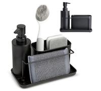 Kook Time - Dispensador Jabón Cocina plástico Negro Mate - Organizador de Fregadero con Compartimento para Estropajo y cepillos y Soporte para bayeta - dosificador jabon Cocina - 21x12x19 cm.