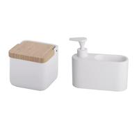 KOOK TIME Juego de Accesorios de Cocina | Incluye 1 x Salero de Cocina con Tapa basculante de Bambú y 1 x Dispensador de Jabón de Cocina con Hueco para Guardar el Estropajo | Blanco Mate