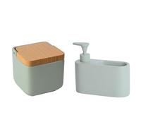 KOOK TIME Juego de Accesorios de Cocina | Incluye 1 x Salero de Cocina con Tapa basculante de Bambú y 1 x Dispensador de Jabón de Cocina con Hueco para Guardar el Estropajo | Verde Salvia Mate