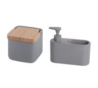 KOOK TIME Juego de Accesorios de Cocina | Incluye 1 x Salero de Cocina con Tapa basculante de Bambú y 1 x Dispensador de Jabón de Cocina con Hueco para Guardar el Estropajo | Gris Mate