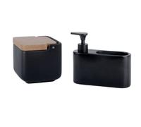 KOOK TIME Juego de Accesorios de Cocina | Incluye 1 x Salero de Cocina con Tapa basculante de Bambú y 1 x Dispensador de Jabón de Cocina con Hueco para Guardar el Estropajo | Negro Mate