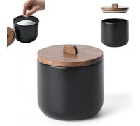 Kook Time Salero de Cocina de Cerámica CURVE - Bote Hermético con Tapa de Madera de Acacia. Tarro Multiusos para Sal, Azúcar o Especias. Diseño Nórdico Moderno. 11.5 x 12 cm. - Negro Mate
