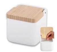KOOK TIME Salero de Cocina de cerámica SQUARE | Tarro multiusos con tapa basculante de Bambú | Ideal para usar como Salero, azucarero o especiero | 11.5 x 11.5 x 11.5 cm. | Blanco