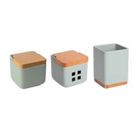KOOK TIME Set de accesorios cocina - incluye salero de cocina, porta utensilios y bote de ajos - bote para ajos y salero con tapa de bambú - Cerámica verde salvia mate y bambú