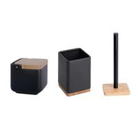 KOOK TIME Set de Accesorios Cocina - Incluye salero, Porta Utensilios y Porta Rollos Papel Cocina - bambú, cerámica y Metal - Negro Mate y bambú