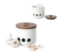 KOOK TIME Tarro para Ajos de Cerámica CURVE - Bote de Cocina con Tapa de Madera de Acacia y Ventilación. Recipiente para Conservar Ajos Frescos y Sin Olores. 11.5 x 12 cm.- Blanco