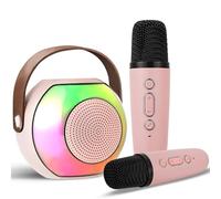 Koolcover Máquina de karaoke, altavoz Bluetooth con 2 micrófonos inalámbricos, regalos de cumpleaños para niñas de 3 a 15 años, altavoz portátil con efectos de cambio de voz y luces LED, rosa