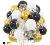 Koolenry 100 Globos Dorados, Negros y Blancos con Confeti Metálico Dorado y Negro de 30 cm para la Ceremonia de Graduación.