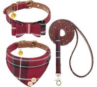 KOOLTAIL Juego de collar y correa para perro pequeño con pajarita y campanas, bonito collar y correa para cachorros con patrón clásico a cuadros, correas de cuero suave sin enredos para perros