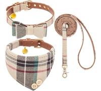 KOOLTAIL Juego de collar y correa para perro pequeño con pajarita y campanas, bonito collar y correa para cachorros con patrón clásico a cuadros, correas de cuero suave sin enredos para niños pequeños