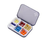 Koomuao Caja de pastillas portátil con 6 compartimentos, pastilleros diarios pastillero de viaje caja medicamentos resistente a la humedad Pillbox para píldoras, vitaminas y accesorios (Gris)
