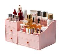 Koomuao Organizador de maquillaje, gran capacidad, almacenamiento de cosméticos de plástico, para cuarto de baño, dormitorio, para pinceles de maquillaje, perfume, lápiz labial, rosa, Sencillo