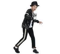 Koongso Disfraz de Michael de la estrella de baile para niños y niñas, disfraz de Pop King MJ, chaqueta de lentejuelas negras, pantalones, sombrero, guantes con purpurina, trajes de Halloween para